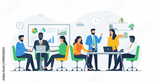 Diverse group in business meeting, analyzing charts, collaborating