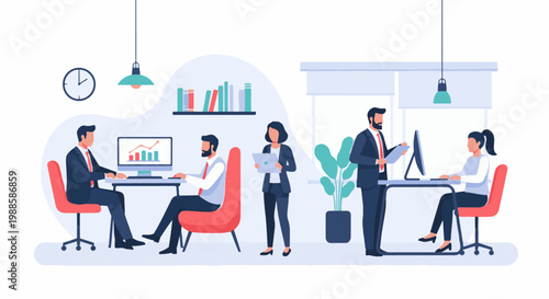 Office workers collaborating, with computers, plants, and charts visible