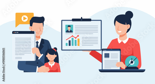 Diverse cartoon people showcasing data analysis and online content presentation