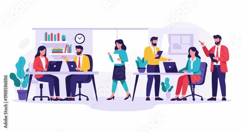 Diverse team collaborates in a modern office setting, focused on tasks and discussions