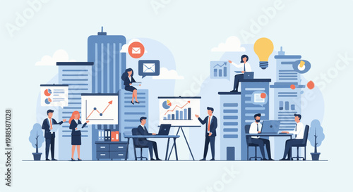 Diverse professionals collaborate amidst city skyline, analyzing data and ideas