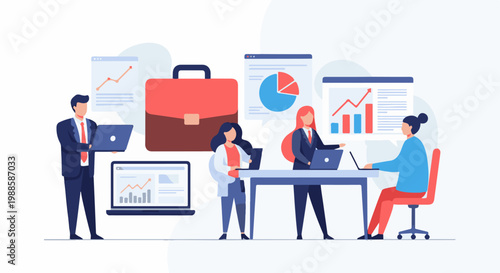 Business professionals collaborating on data analysis and project management with laptops and charts