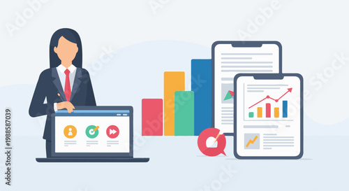 Business woman analyzing financial data on various devices, showing charts and graphs