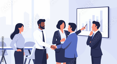 Diverse professionals in business attire collaborate and present data in a modern office setting