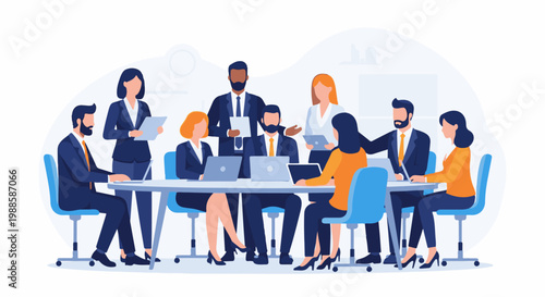 Diverse team collaborating around a conference table, focused on laptops and discussions
