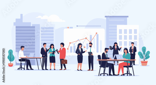 Diverse business professionals collaborate and analyze data in a modern office setting