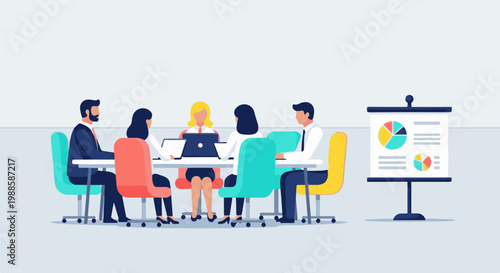 Diverse professionals in a modern office setting collaborate around a table with laptops and a presentation chart