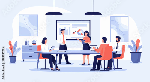 Colleagues collaborate on a presentation in a modern office setting with charts