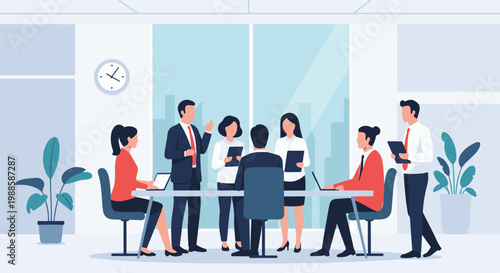 Business meeting with diverse professionals collaborating around a table in a modern office