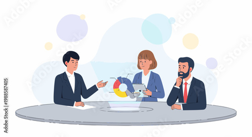 Colleagues collaborate around a table with a holographic pie chart display