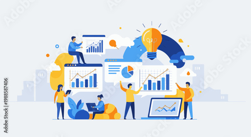 Team of professionals collaborating and analyzing data with charts and graphs, bright idea bulb symbolizes innovation