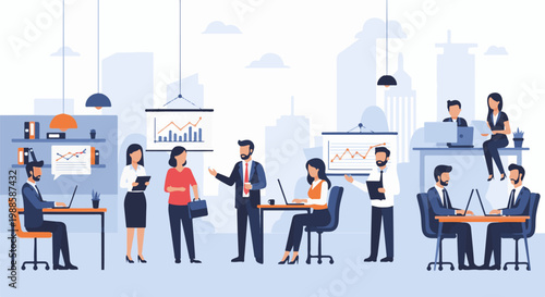 Diverse professionals collaborate in a modern office space, presenting data on screens