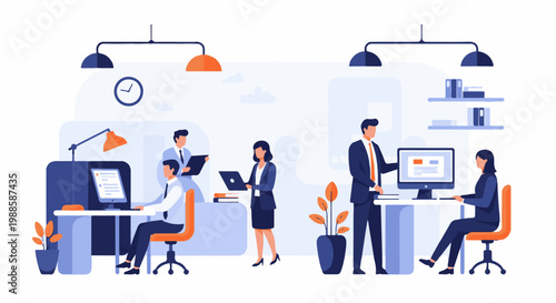 Office workers collaborate in a modern workspace with computers and plants