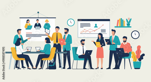 Diverse group of professionals collaborating in a modern office meeting room with digital presentations and devices