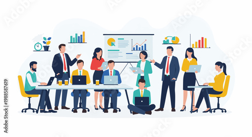 Office team meeting with charts and laptops