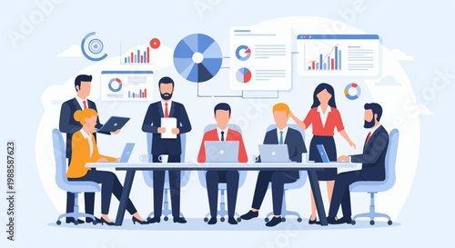 Business team in a meeting room, discussing charts and data on screens