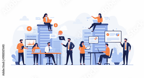 A team of professionals collaborating on a modern office floor, surrounded by data charts and communication icons
