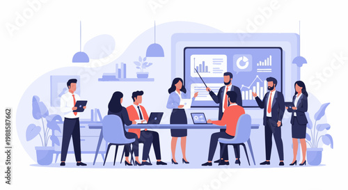 Diverse professionals collaborate in a modern office, presenting data and ideas on a large screen