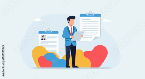 A businessman in a blue suit stands with papers