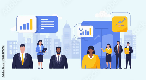 Diverse professionals in a cityscape, analyzing financial charts and data for growth