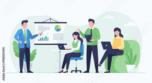 Team presenting data analysis and business strategy during a meeting