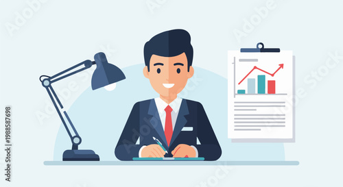 Professional man in suit at desk with lamp and chart on clipboard