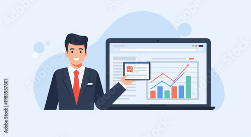 Confident man in suit presents business analytics on laptop screen with charts