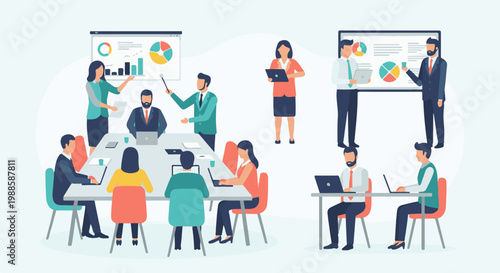 Diverse professionals collaborate in a modern office setting with data visualizations