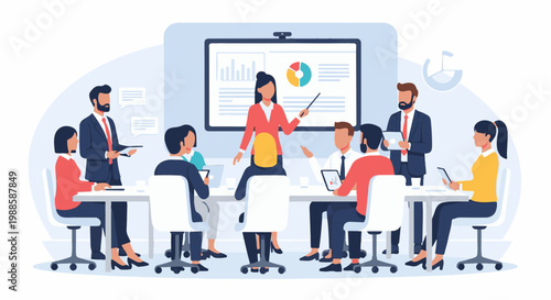 Diverse professionals engaged in a collaborative meeting, presenting data and insights on a screen