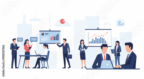 Business professionals collaborate and present data visually within an office setting