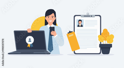 Professional woman reviewing job applicant's resume on laptop and clipboard