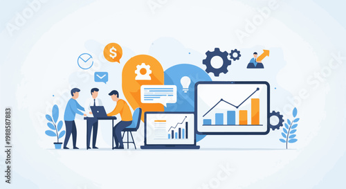 Teams collaborate on a digital strategy with charts, graphs, and growth symbols
