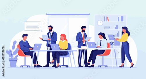 Colleagues collaborating and working on laptops at desks in a modern office