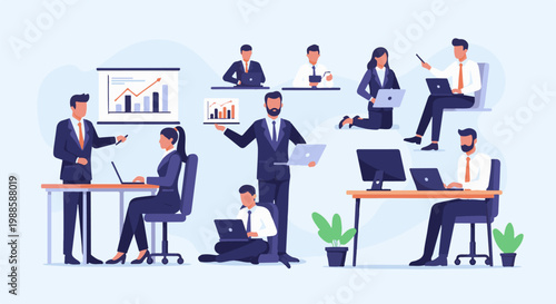 Diverse professionals collaborate on laptops and desktops, presenting data on screens