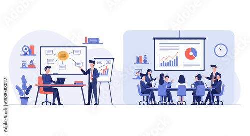 Professionals in a modern office setting engage in collaborative discussions and presentations, discussing charts and flow diagrams