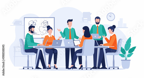 People collaborate around a table with laptops, discussing ideas near a whiteboard