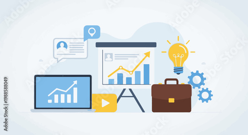 Business growth illustration laptop, presentation, lightbulb, briefcase, gears, and chat bubble