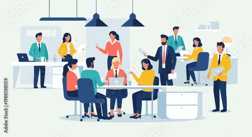 Diverse team collaborates on projects in a modern office setting, using technology and discussion