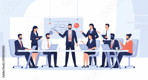 A team of professionals in a meeting, discussing a presentation with charts on a whiteboard