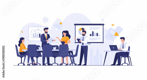 Business meeting with professionals discussing charts on a projector and laptops