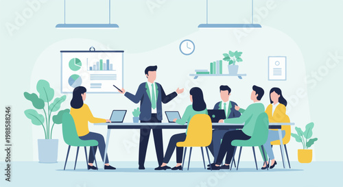 Business meeting with presentation and team collaboration in office