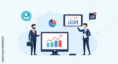 Two businessmen examine upward trending bar and line charts displayed on screens