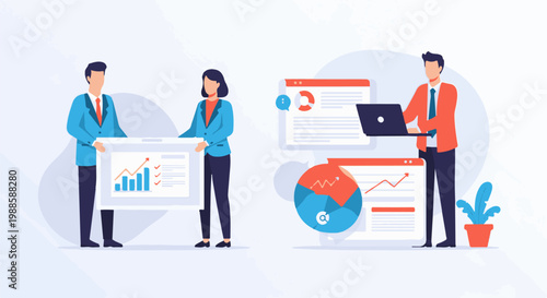 Business professionals analyzing data using charts and laptops for presentations