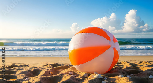Bright Orange Beach Ball on Sandy Shore by the Sea Vector, illustration
