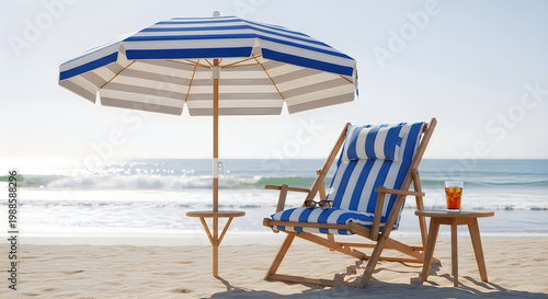 Relaxing Beach Lounge Setup with Umbrella and Folding Chair Vector, illustration