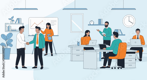 Diverse professionals collaborate and shake hands in a modern office setting