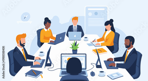 Diverse team collaborating around a table with laptops and notes