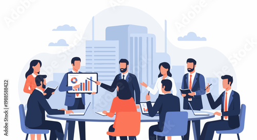 Diverse team collaborates in a modern office setting, presenting data charts