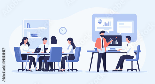 Diverse professionals collaborate in an office meeting, discussing data on screens