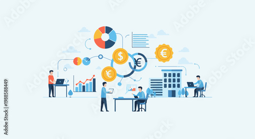 Illustration of business professionals analyzing financial data and currency